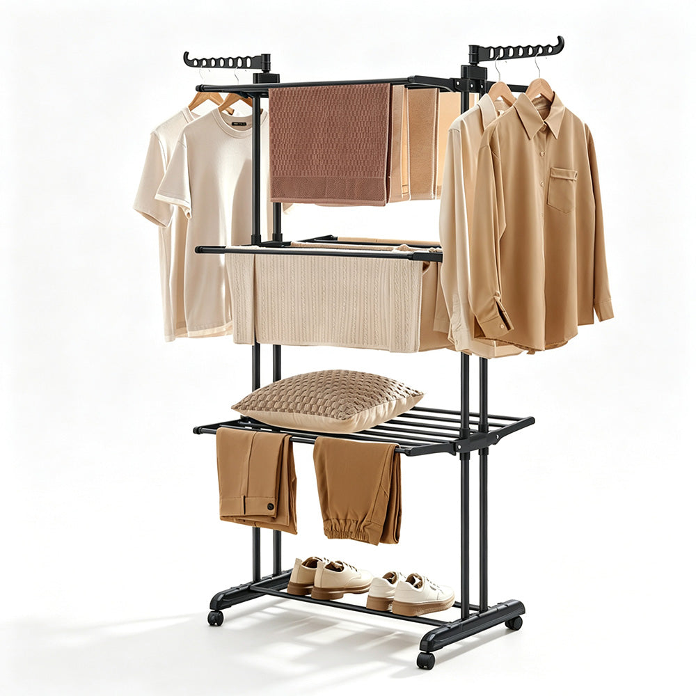 4 Tier Foldable Clothes Drying Rack with Wheels and Storage Hooks
