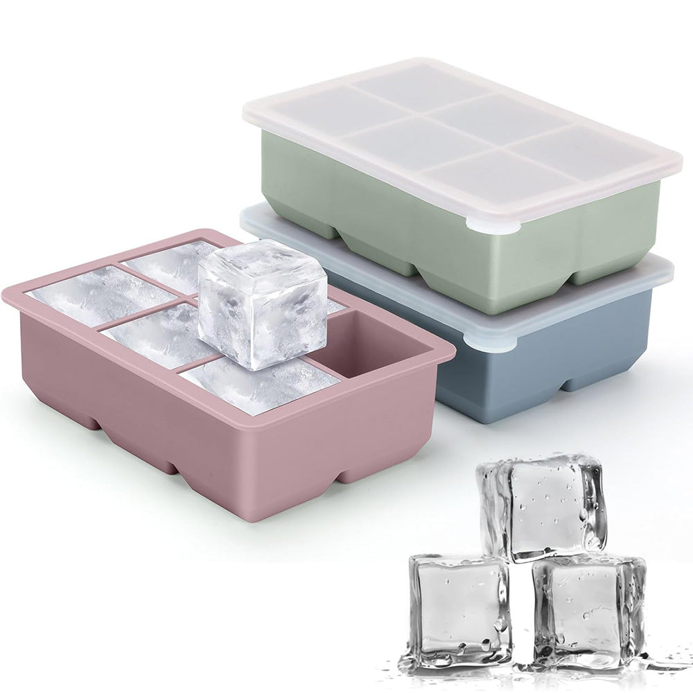 3Pcs Silicone Ice Cube Trays with Lid 6 Cavity Large Square Mold for Whisky Cocktail
