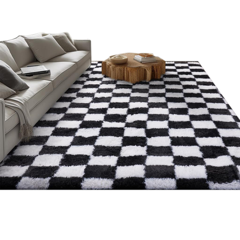 Soft Plush Shaggy Rug Checkered Thickened Non Slip Carpet for Living Room Bedroom