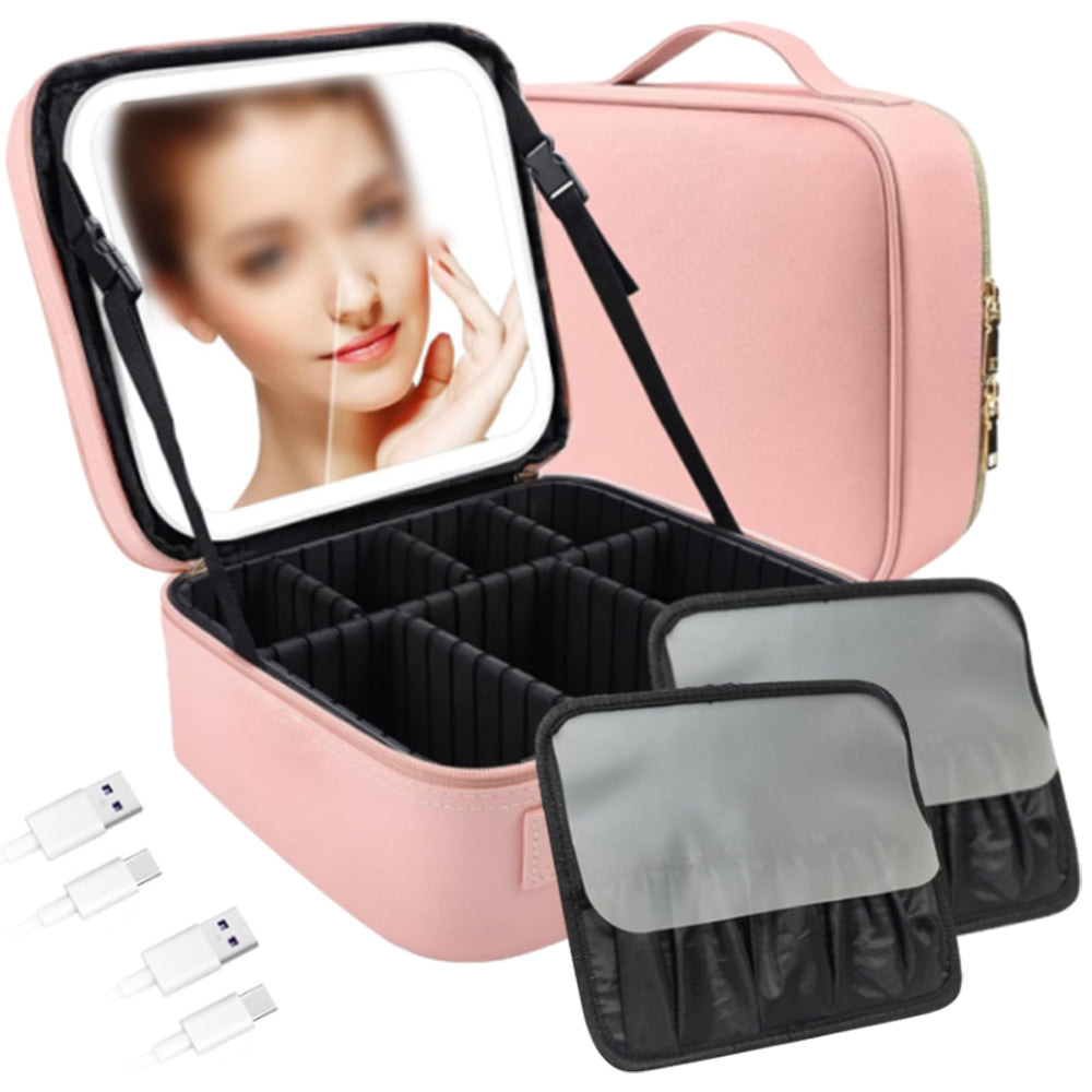2Pcs 25x10.5x23CM Travel Makeup Storage Bag with Mirror and Light