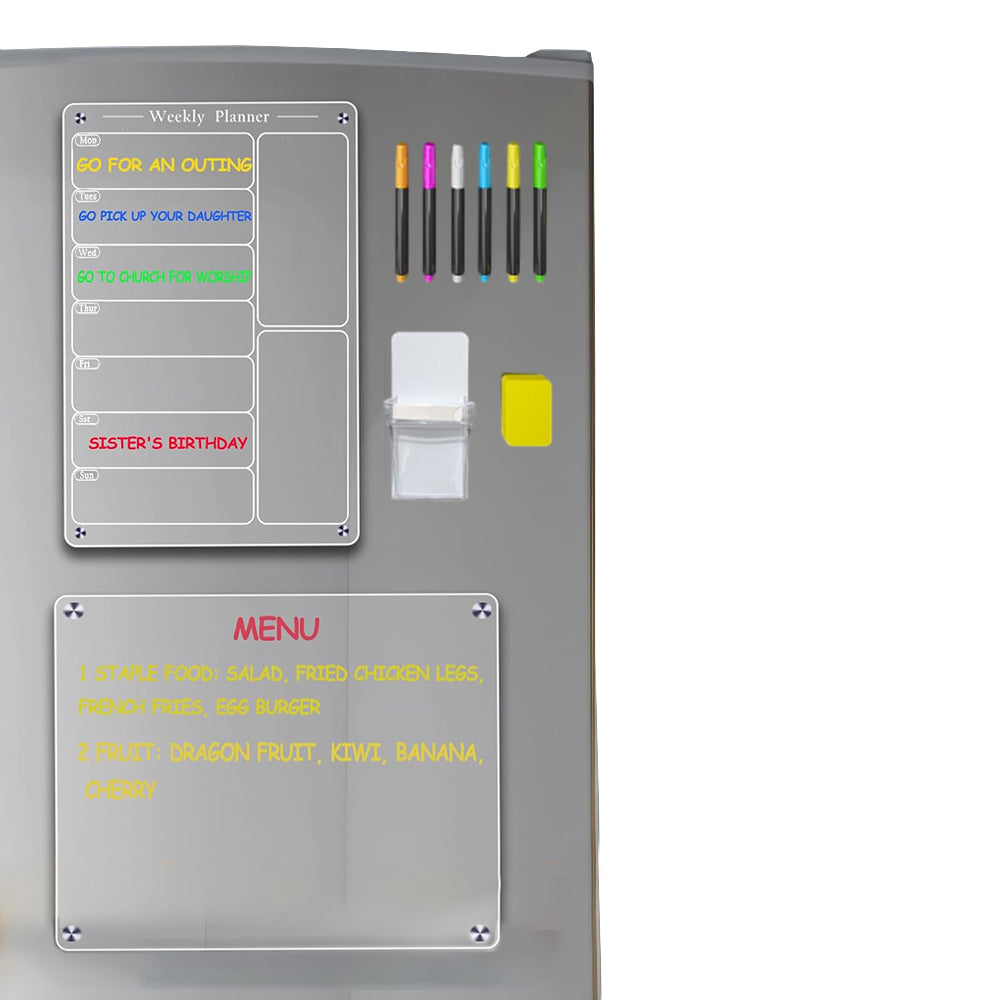 Clear Acrylic Meal Planner Magnetic Menu Board for Fridge with 6 Marker Pens