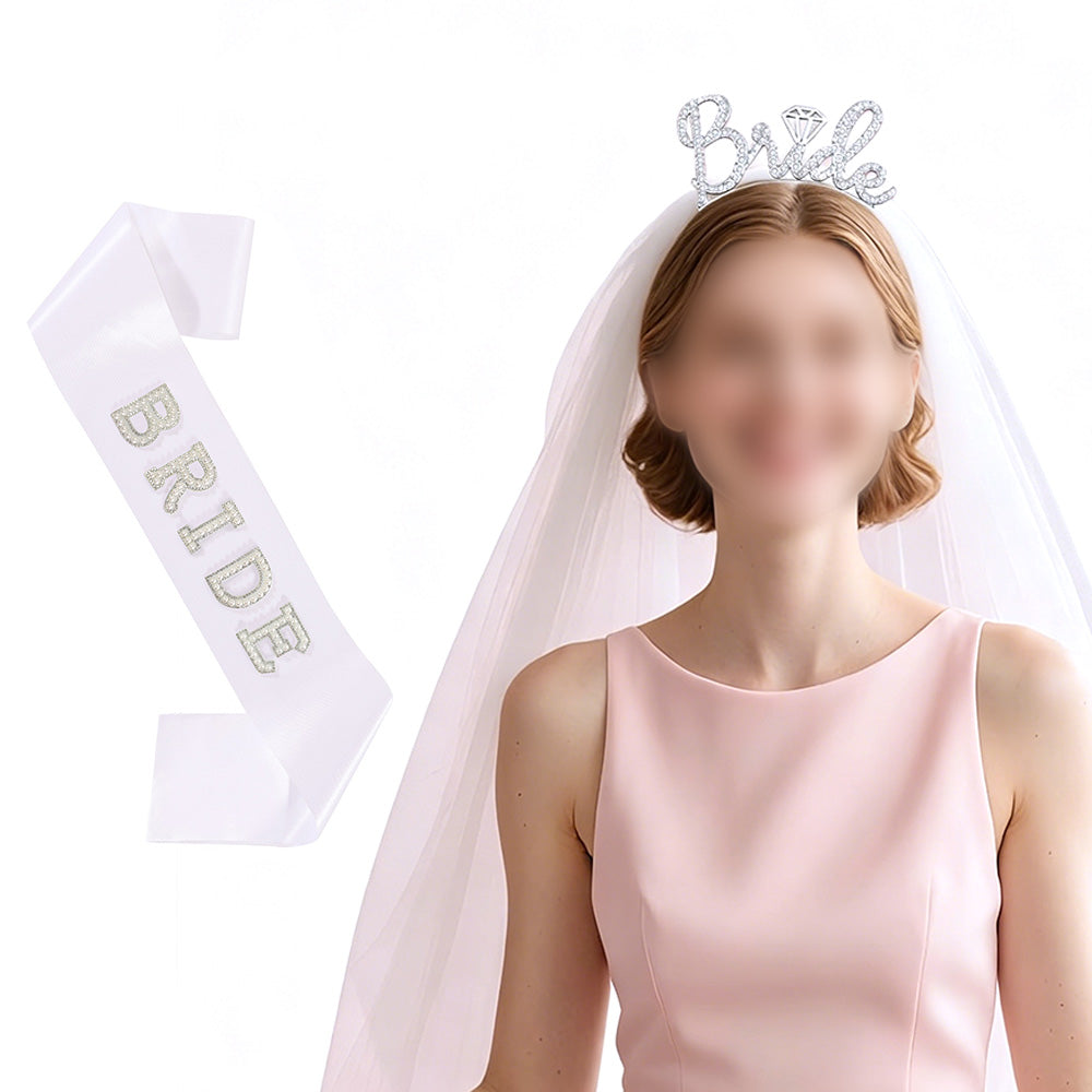 Bride Accessory Set with Veil Sash and Headband for Bachelorette Party Bridal Shower