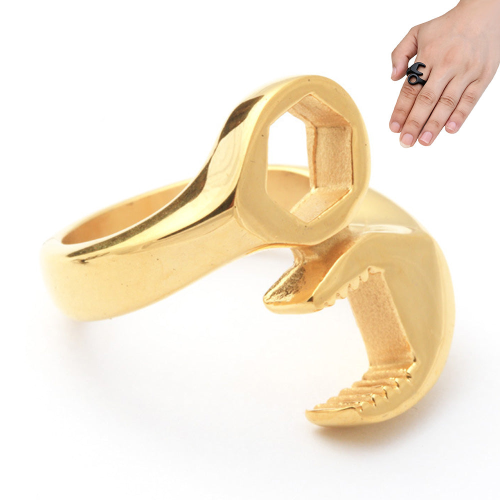 Stainless Steel Wrench Shaped Industrial Punk Ring for Men and Women-Gold