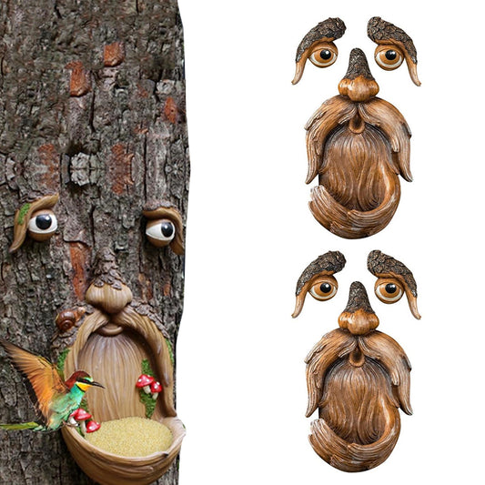 2Pcs Resin Old Man Face Sculpture Bird Feeder for Outdoor Decoration