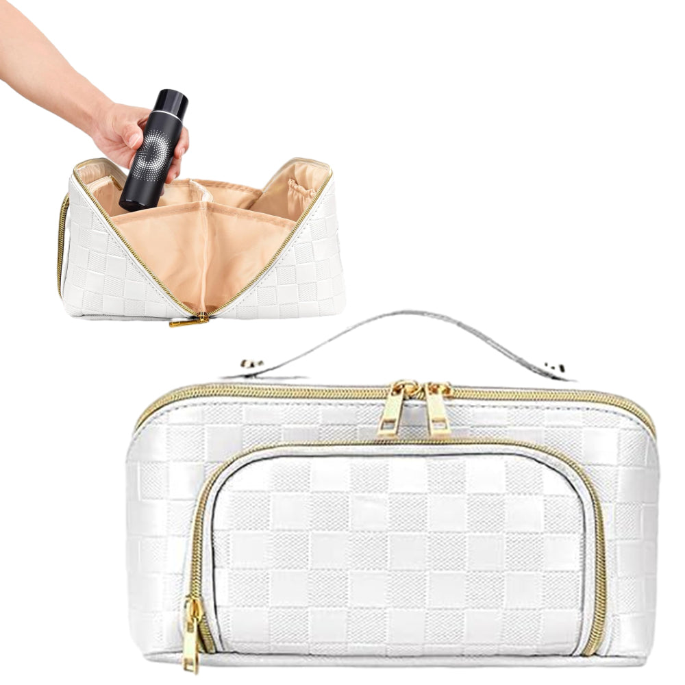 Large Capacity PU Leather Water-Resistant Checkered Cosmetic Bag Travel Makeup Bag