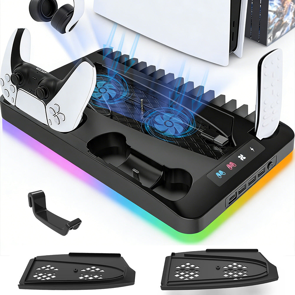 Gaming For PS5 Slim Pro Docking and Cooling Station Charger Headset Holder With RGB Light
