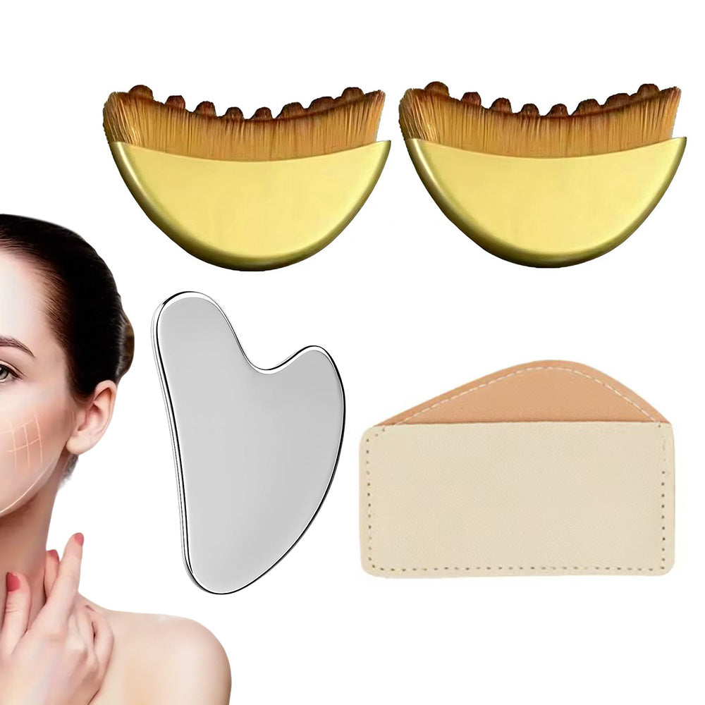 Stainless Steel Gua Sha Tool and Face Brush Set-Gold