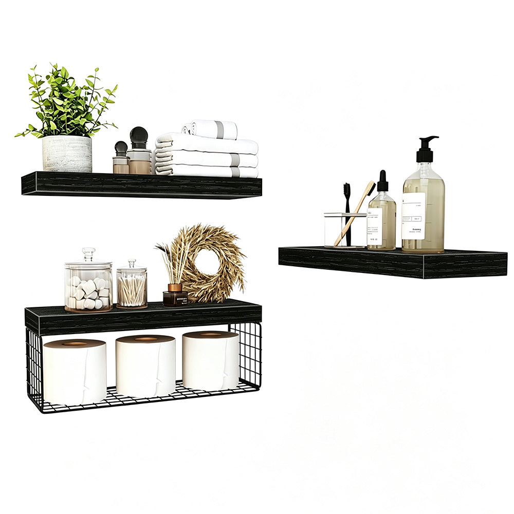 3 Tier Bathroom Shelf Wall Mounted Floating Shelf with Storage Basket