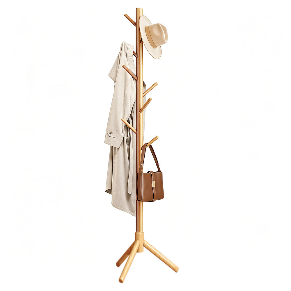 Solid Wood Freestanding Coat Rack with 8 Hooks Tripod Base for Bedroom Entryway