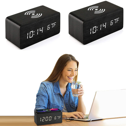 2Pcs Wooden Digital Alarm Clock with Wireless Charger