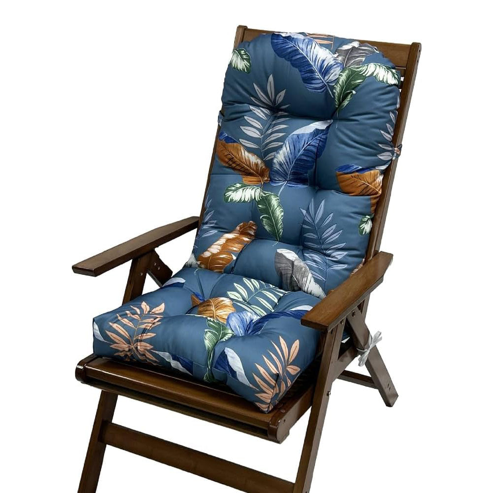 High Back Rocking Chair Cushion Water Resistant Outdoor Seat Pad with Ties-Blue