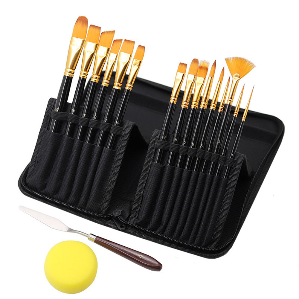 15Pcs Artist Watercolour Oil Paint Brushes Set with Sponge and Scraper