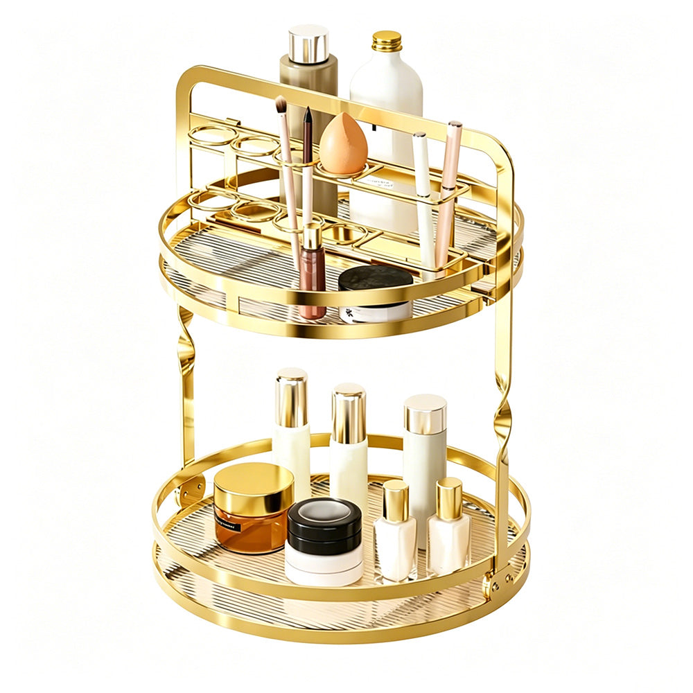 Rotating Makeup Organizer Double Layer with Brush Holder for Skincare Perfume