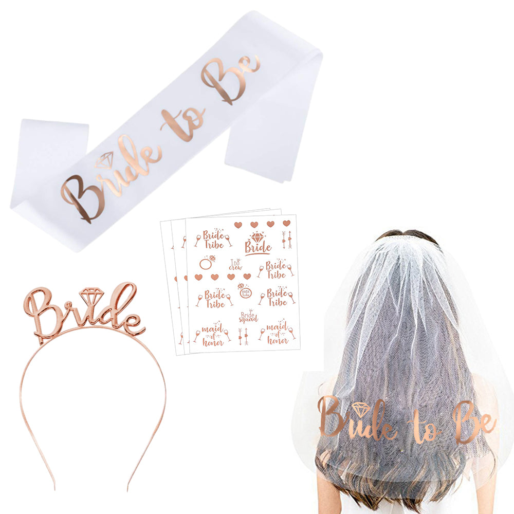 3pcs Bride to Be Sash Headband Tiara Veil Tattoo Bachelorette Bridal Shower Decoration Accessories