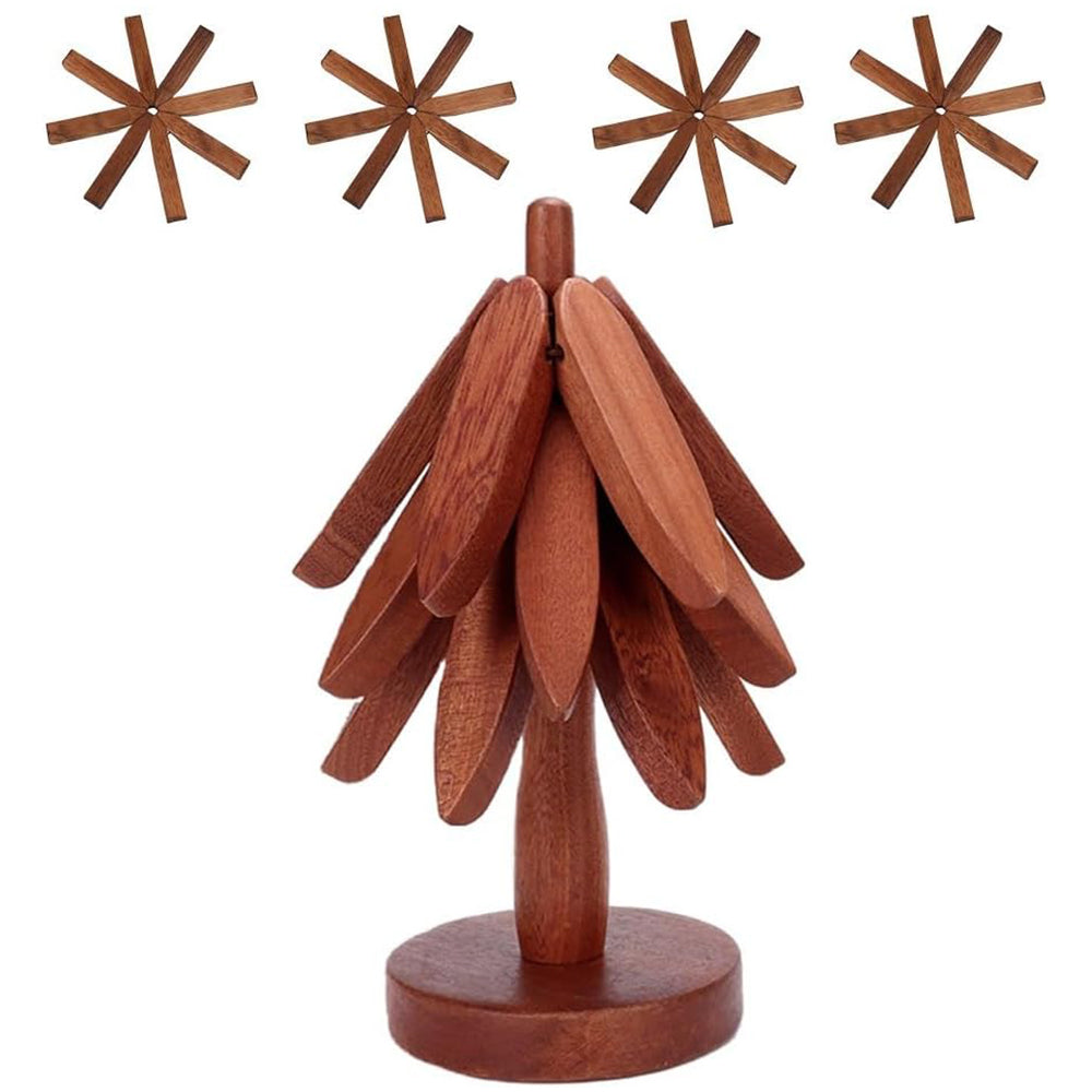 4Pcs Tree Art Design Coasters With A Stand Wooden Tree Shape Trivet Set for Hot Dishes