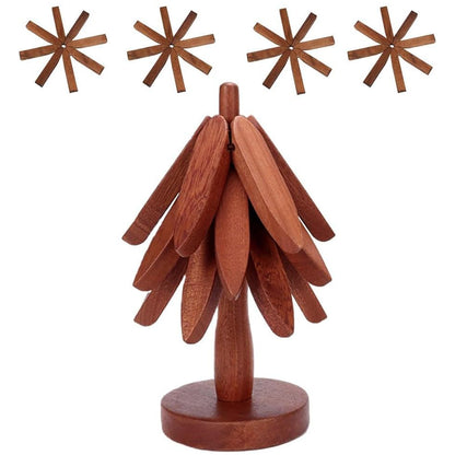 4Pcs Tree Art Design Coasters With A Stand Wooden Tree Shape Trivet Set for Hot Dishes