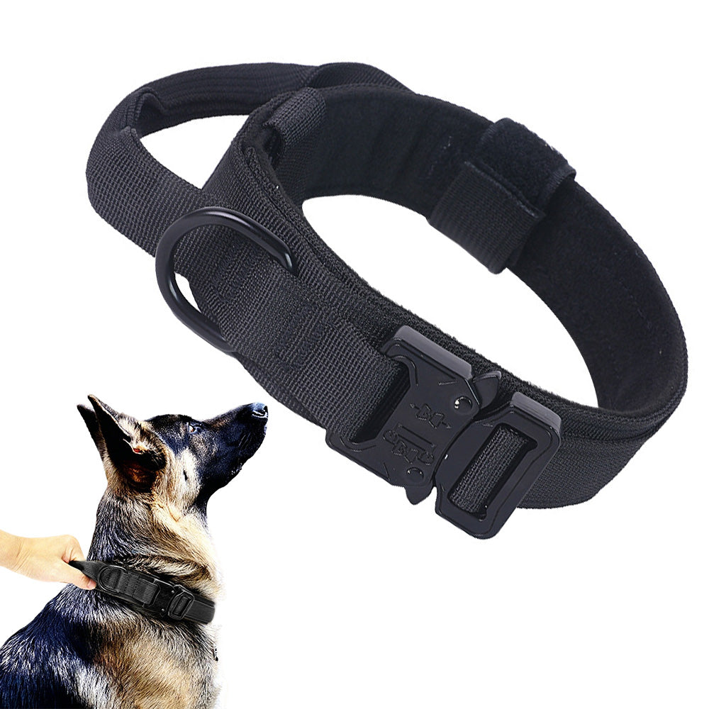 Adjustable Dog Collar with Handle Tactical Nylon Pet Collar for Medium Large Dogs-Black