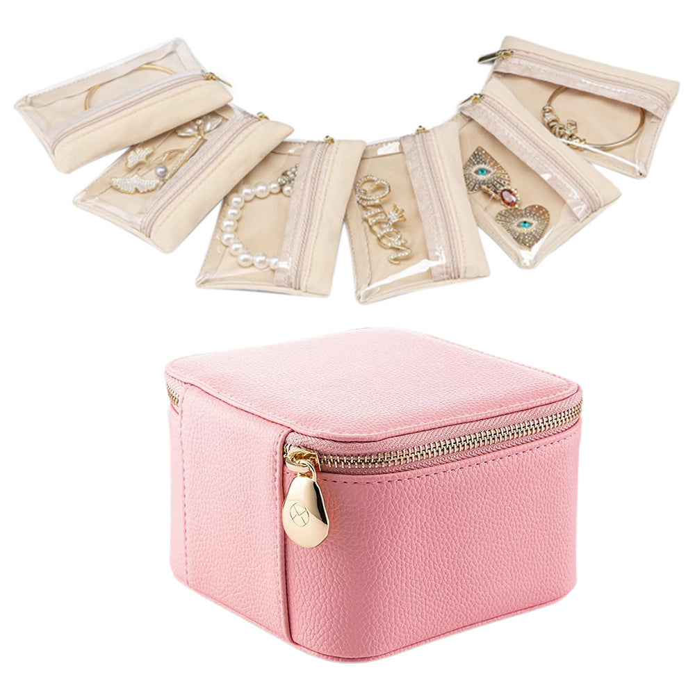 Travel Jewelry Case Small Jewelry Box with 6 Transparent Zipper Pockets
