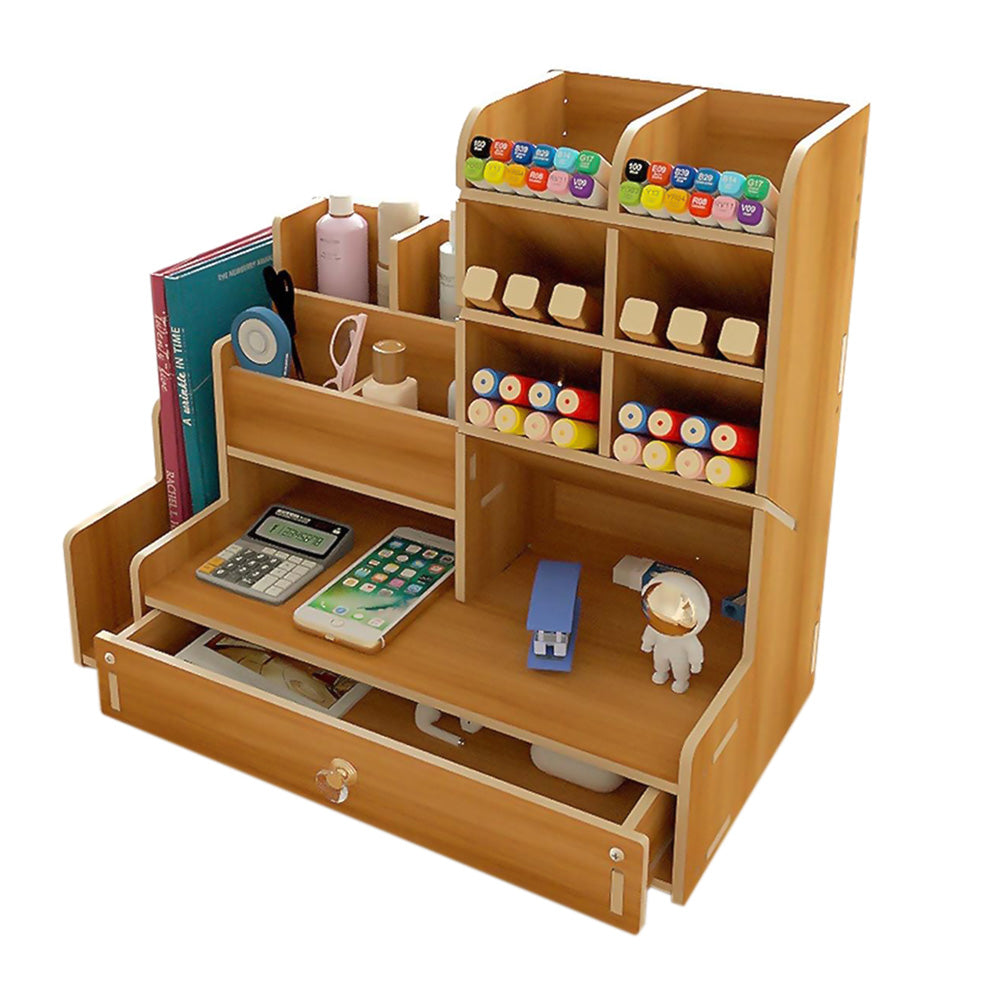Wooden Desk Organizer with Drawers Art Supplies Storage Desktop Stationary