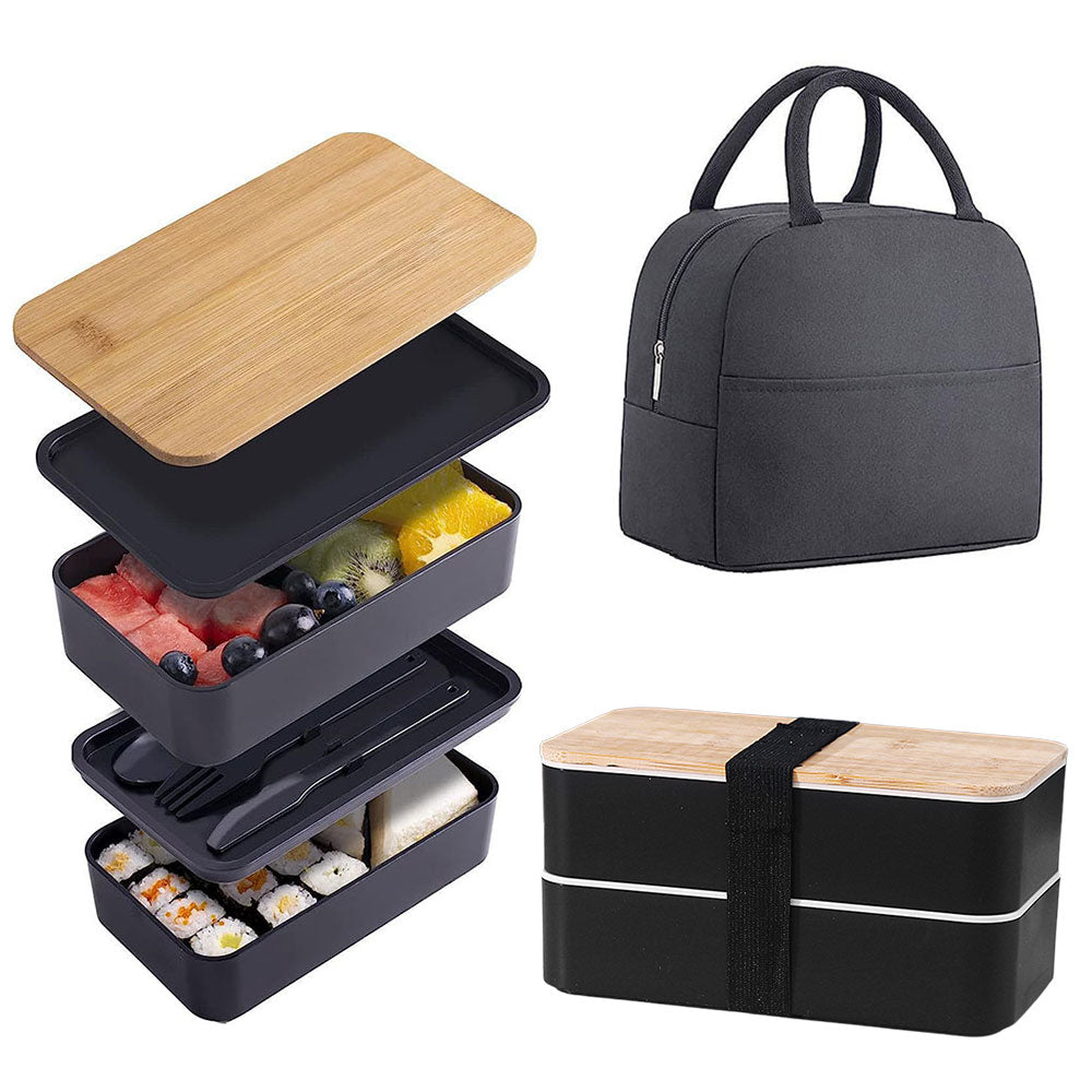 Bento Box 2 Layer Stackable Leak-Proof Japanese Lunch Box with Spoon Fork