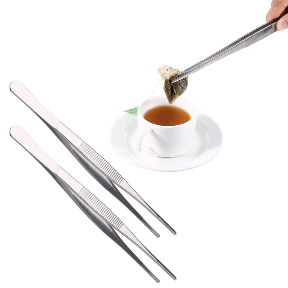 2Pcs Silver Stainless Steel Long Food Tong Straight Tweezers Kitchen Tool