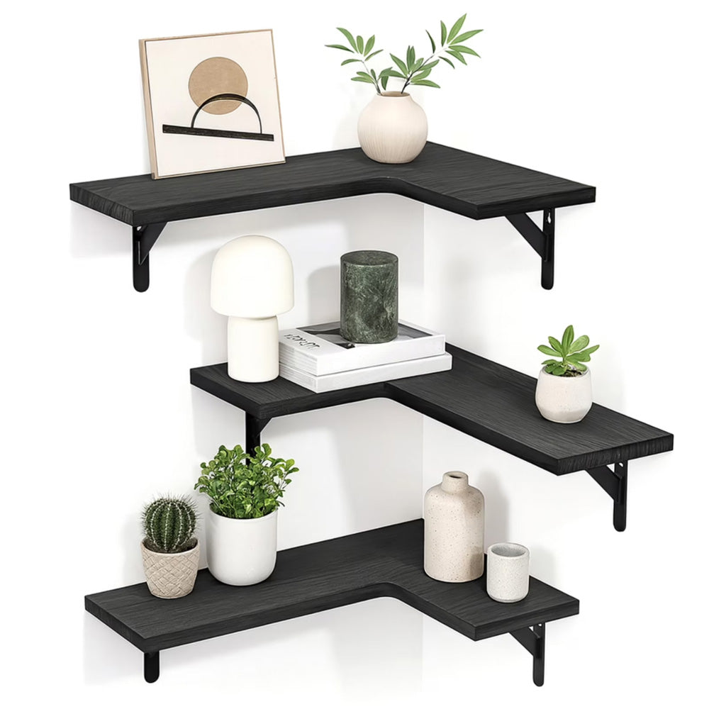 Corner Floating Shelves Set of 3 Wall Mounted Rustic Wood Storage Display Shelves