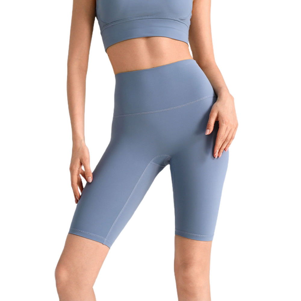 Women High Waist Biker Yoga Shorts with Pockets-Light Blue