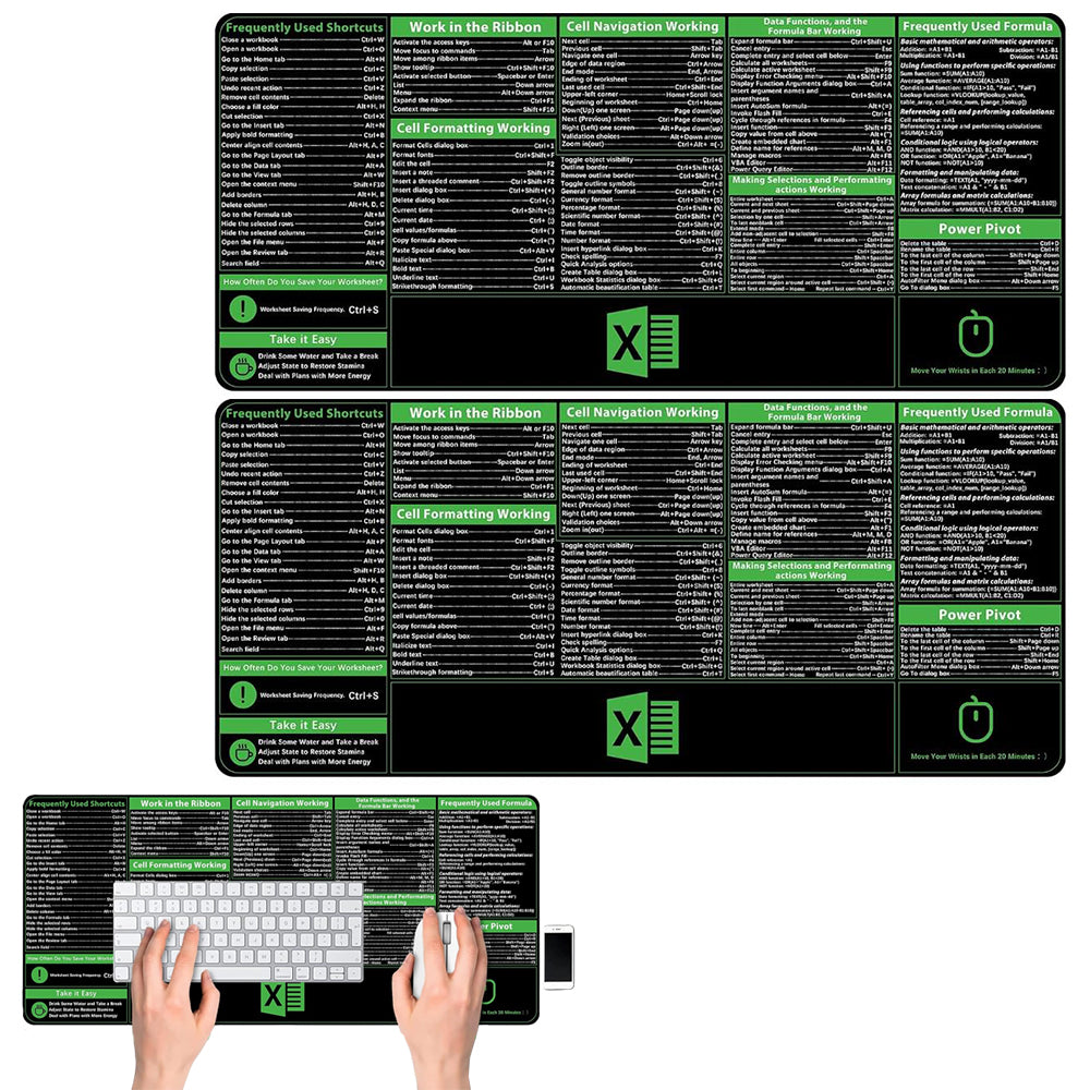 2Pcs Excel Shortcuts Office Mouse Pad Keyboard Mat
