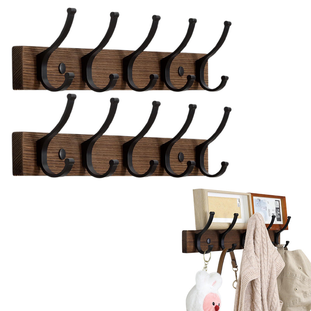 2X Wall Mounted Wooden Coat and Hat Rack 42 cm Rustic Style for Entryway Bedroom
