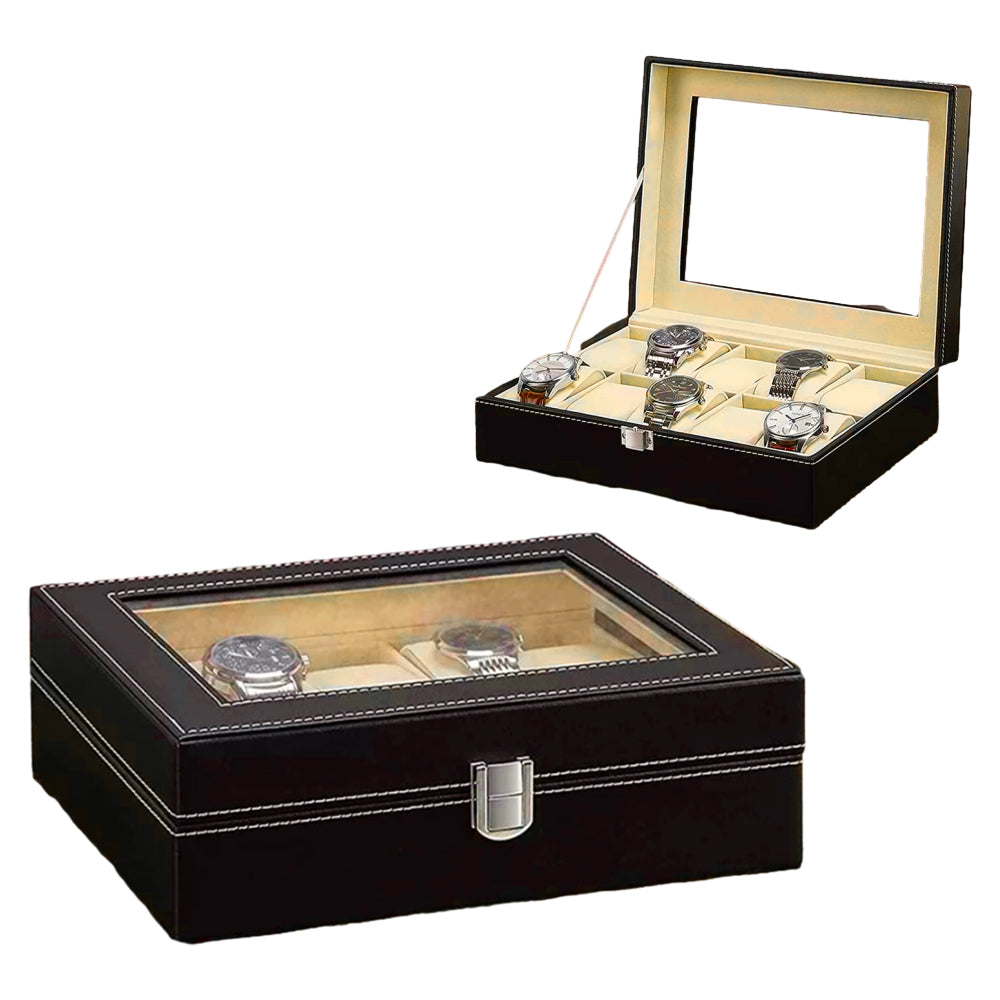 6/10/12 Grids PU Leather Watch Box Organizer Display Case with Lock