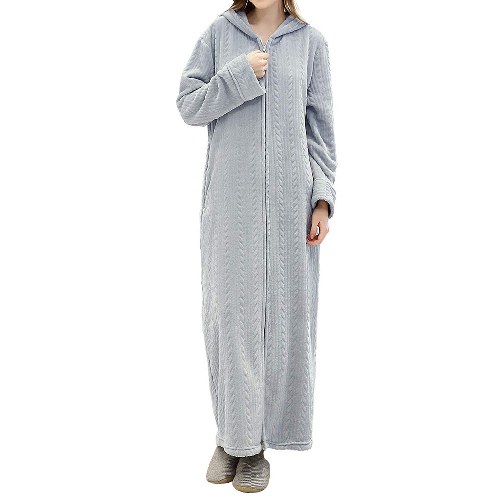Unisex Long Hooded Zipper Bathrobe Fleece Robes Winter Warm Nightgown Sleepwear Pyjamas-Grey