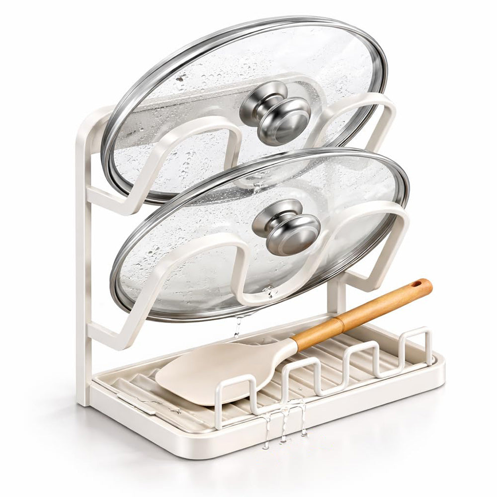 Kitchen Pot Lid Storage Rack Carbon Steel Holder with Drip Tray Organizer