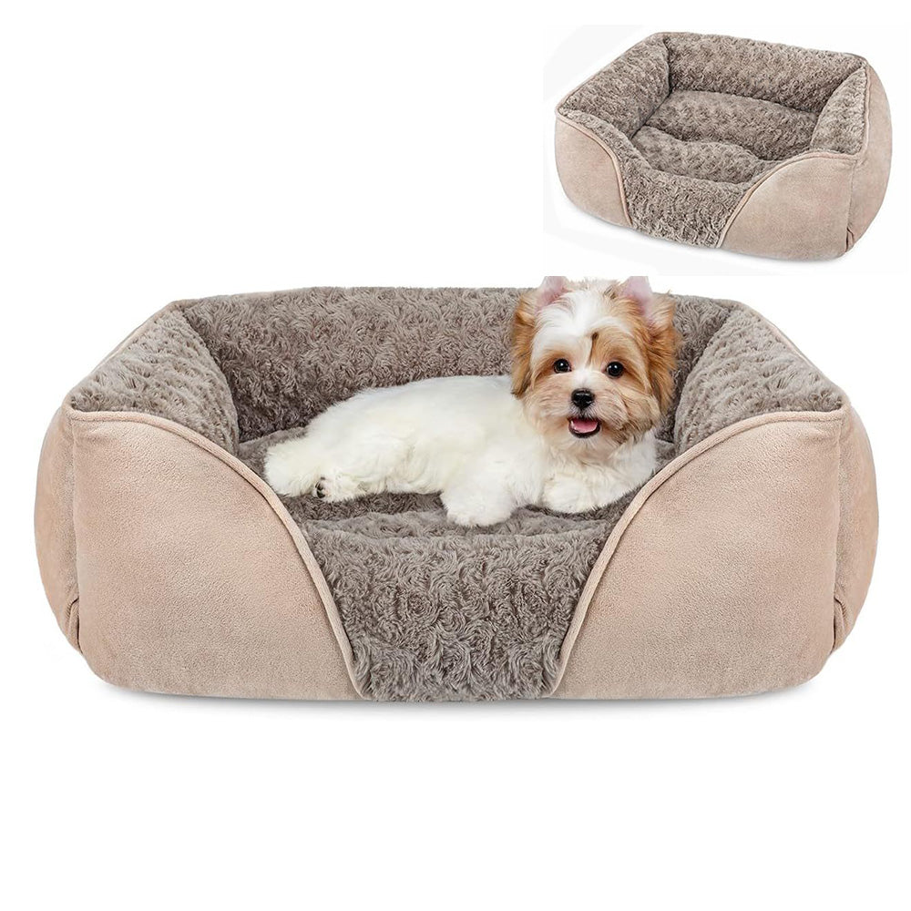 Soft Plush Pet Bed with Raised Sides Calming Nest-Camel