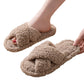 Women Fuzzy Cross Band Slippers Plush Indoor House Shoes Non Slip-Coffee