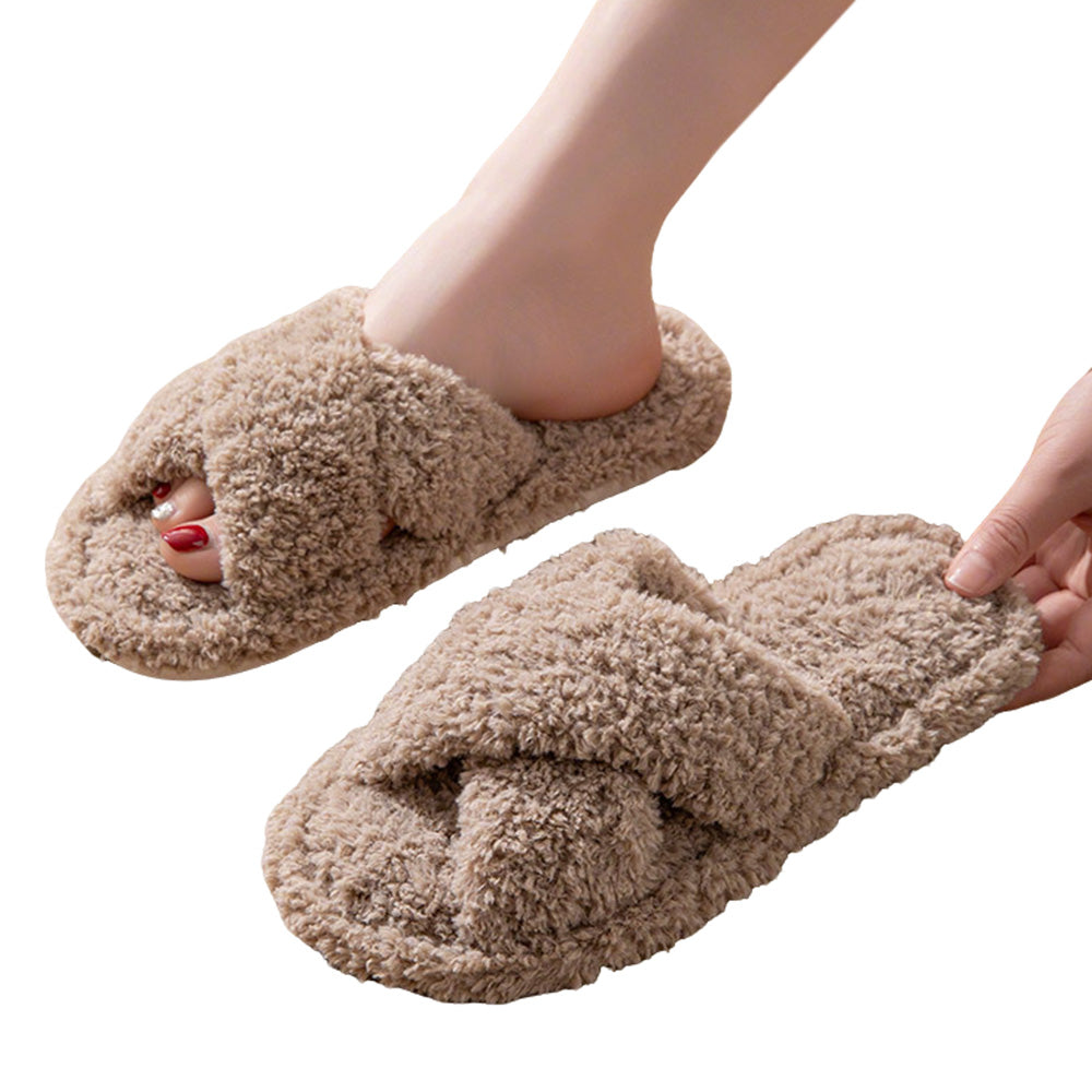 Women Fuzzy Cross Band Slippers Plush Indoor House Shoes Non Slip-Coffee