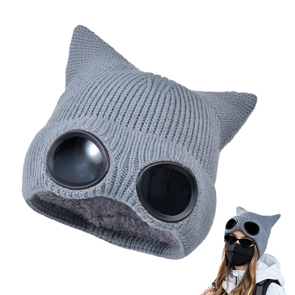 Double Layer Knit Winter Beanie with Goggles Cute Cat Ear Knit Beanie for Winter