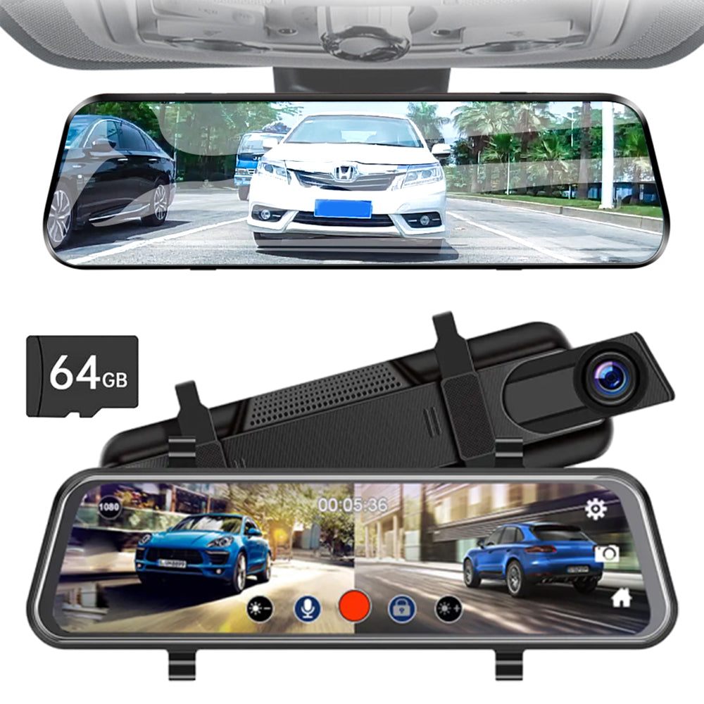 1080P Front and Rear Cameras 10 Inch Full Screen Streaming Media Dash Cam with 64GB Card