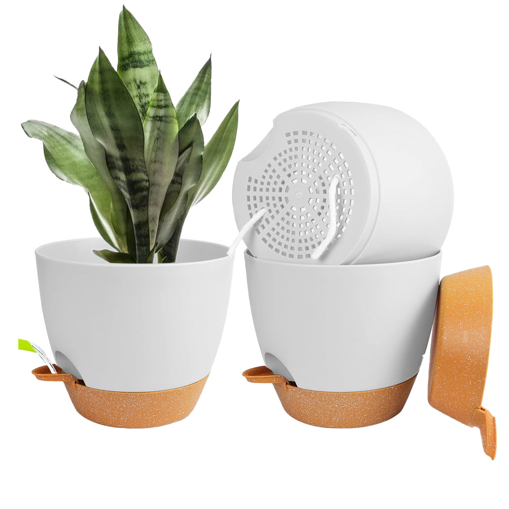 3Pcs Round Self Watering Planters Pot with Drainage Hole and Tray