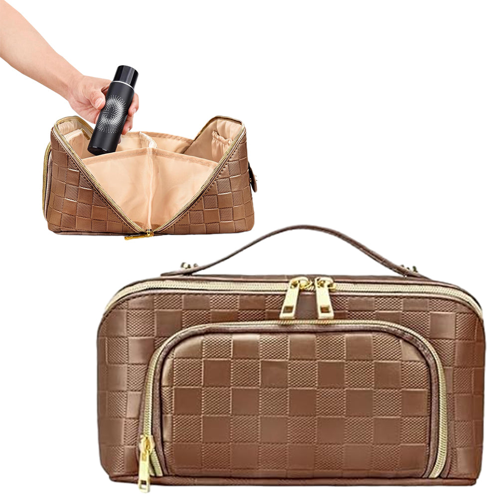 Large Capacity PU Leather Water-Resistant Checkered Cosmetic Bag Travel Makeup Bag