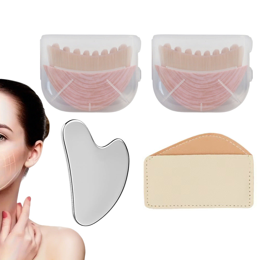 Stainless Steel Gua Sha Tool and  Face Brush Set -Pink