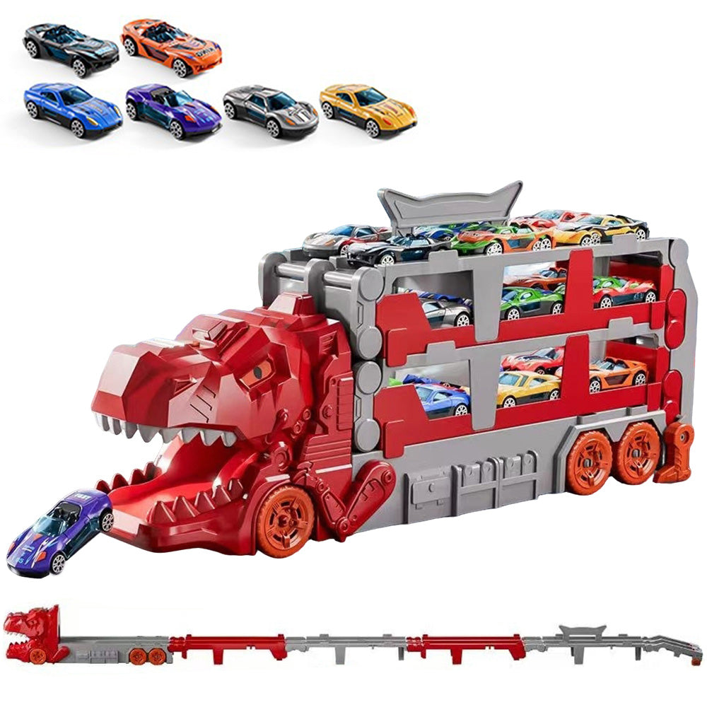 Foldable Dinosaur Truck with Dual Tracks and 6 Small Cars for Home Outdoors