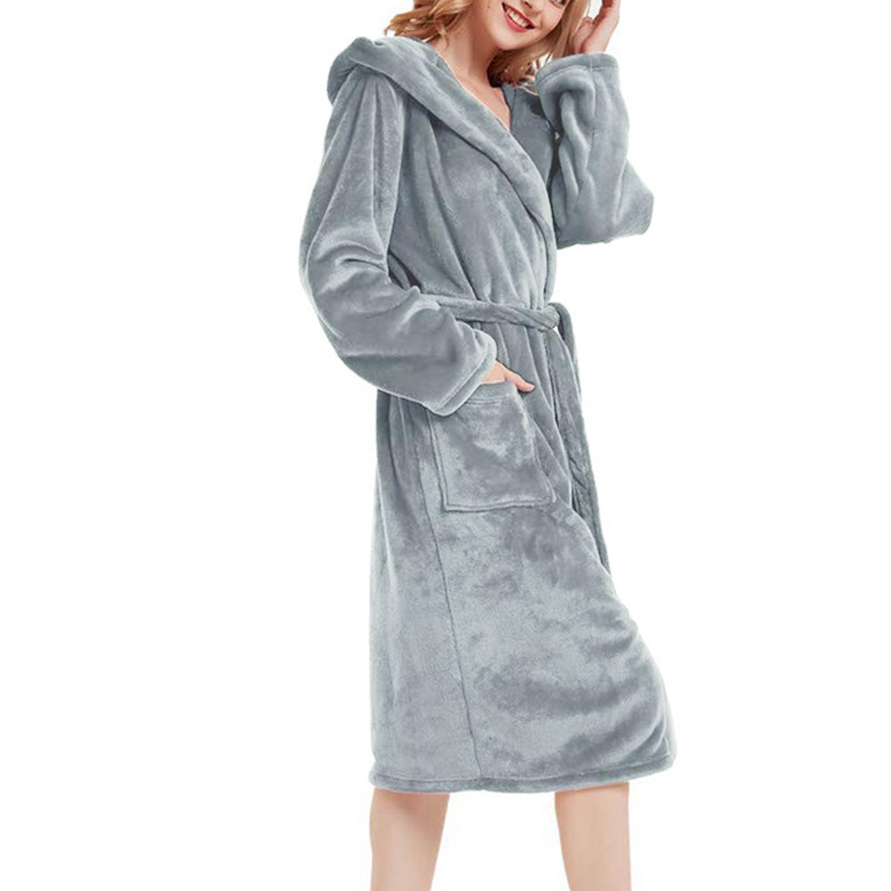 Women Robe Hood Flannel Fleece Full Length Bathrobe Shower Nightgown-Grey