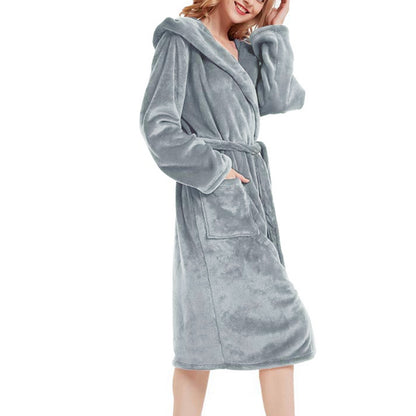 Women Robe Hood Flannel Fleece Full Length Bathrobe Shower Nightgown-Grey