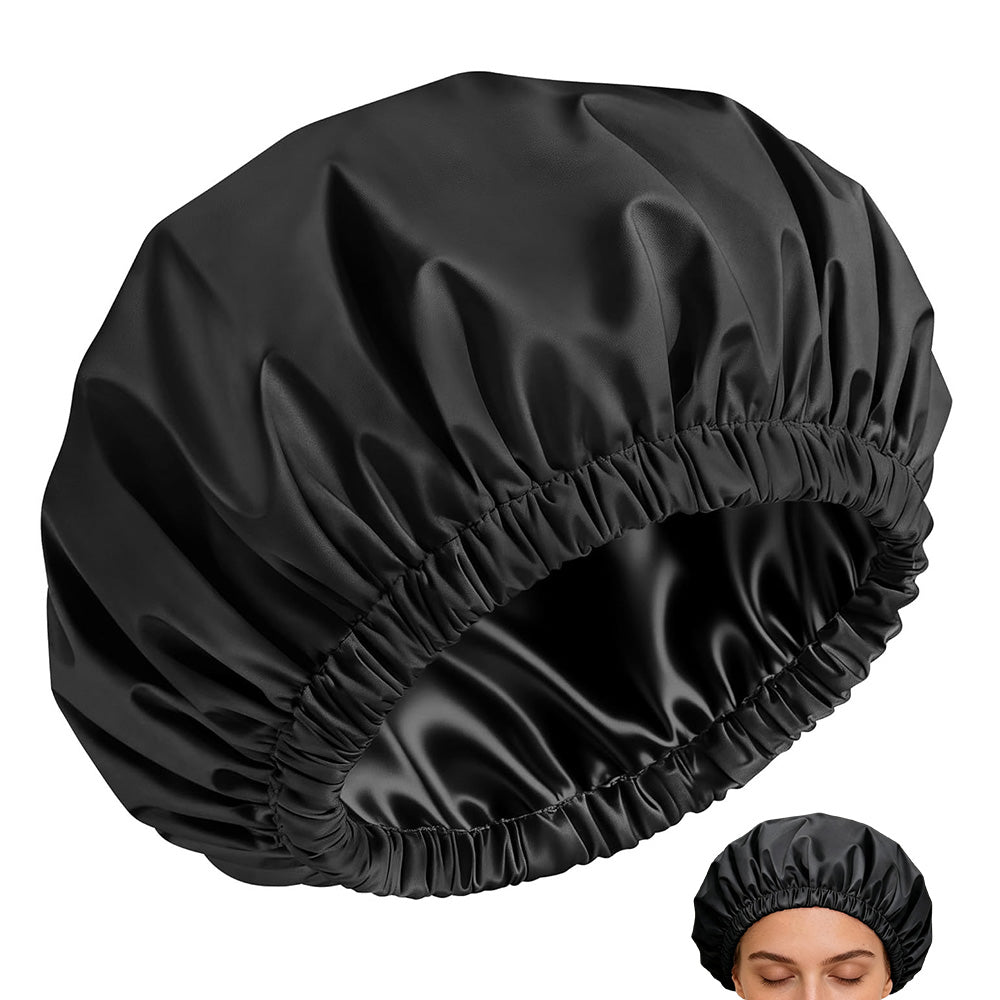 Reusable Water-Resistant Double-Layer Polyester and Satin Shower Cap for Women