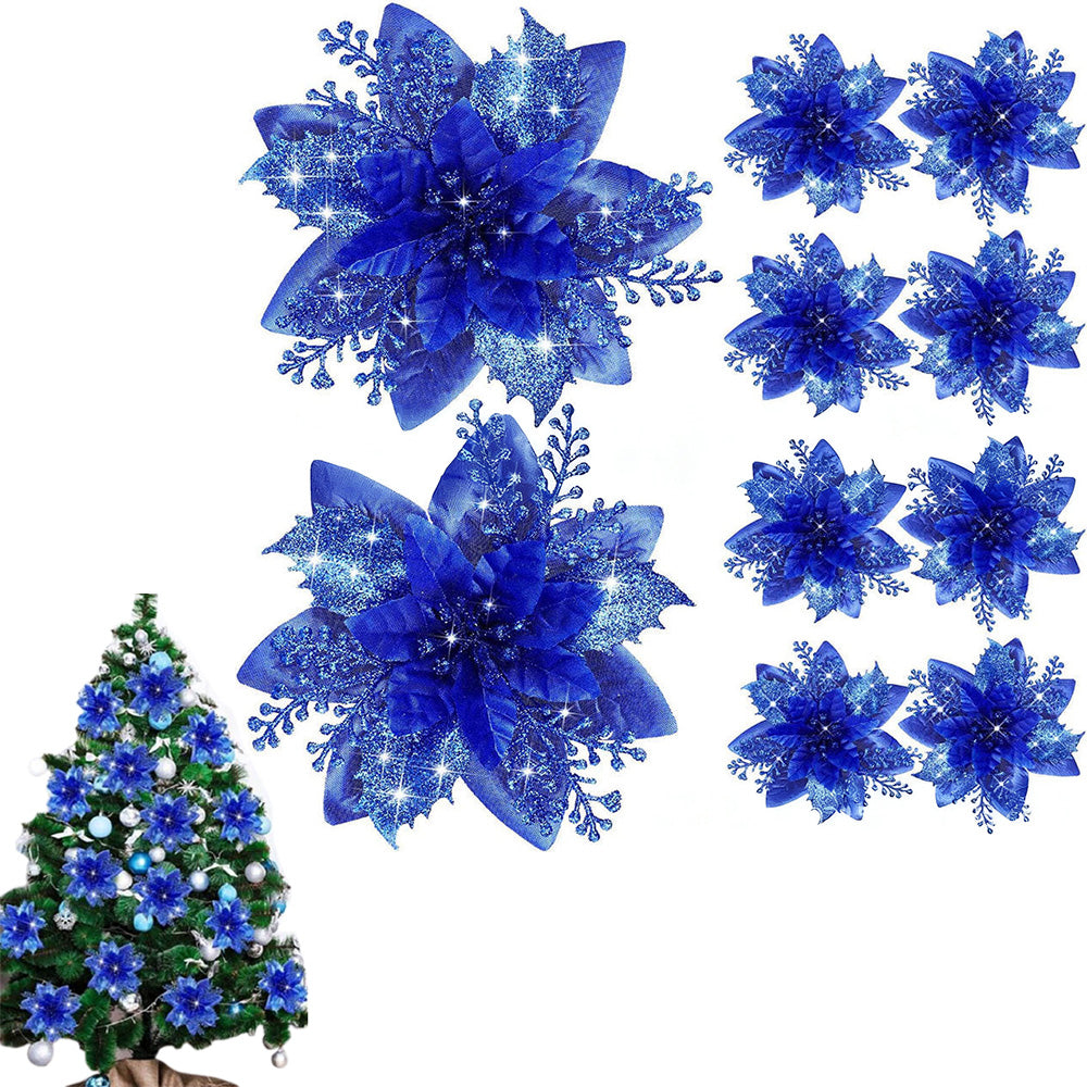 10Pcs Red Gold Poinsettia Artificial Christmas Flowers Xmas Tree Ornaments