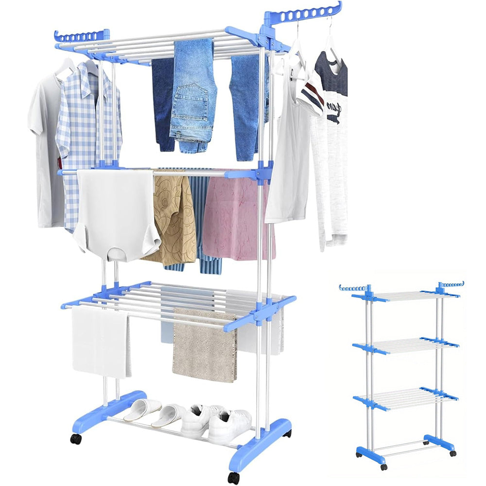 4 Tier Foldable Clothes Drying Rack with Wheels and Storage Hooks