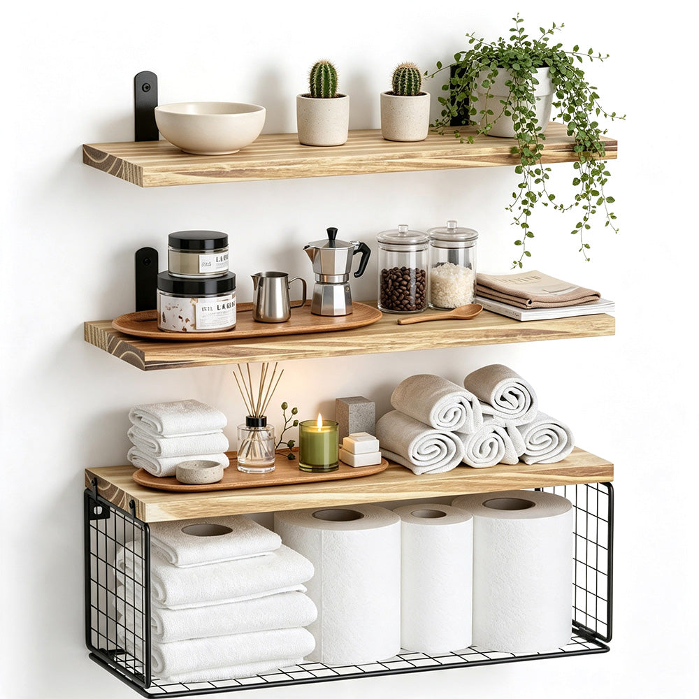 3 Piece Engineered Wood Wall Shelves with Metal Storage Basket