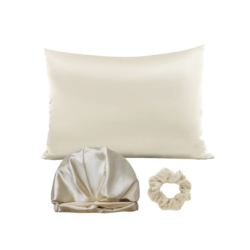 Simulated Silk Pillowcase Set With Sleeping Bonnet Hair Scrunchy