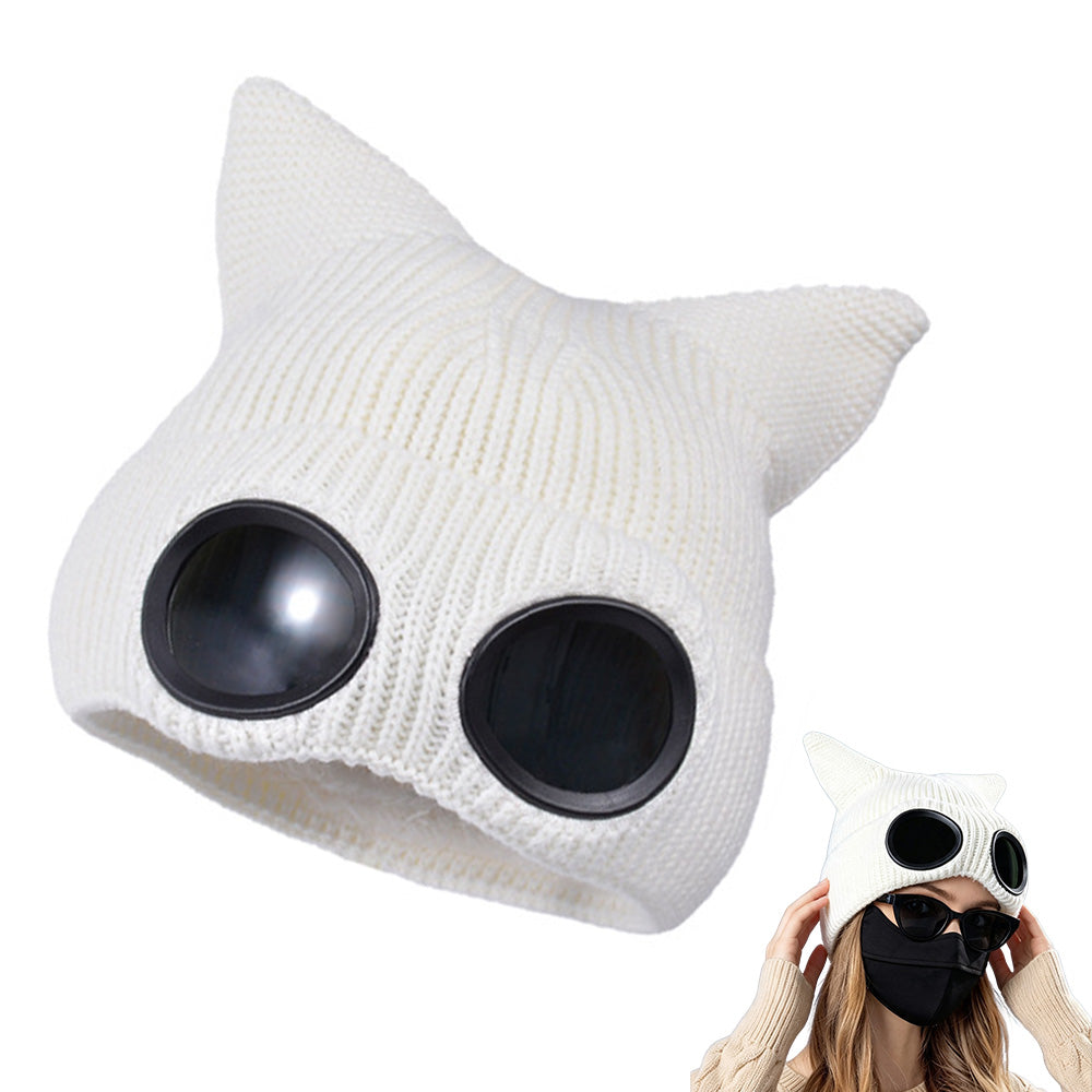Double Layer Knit Winter Beanie with Goggles Cute Cat Ear Knit Beanie for Winter