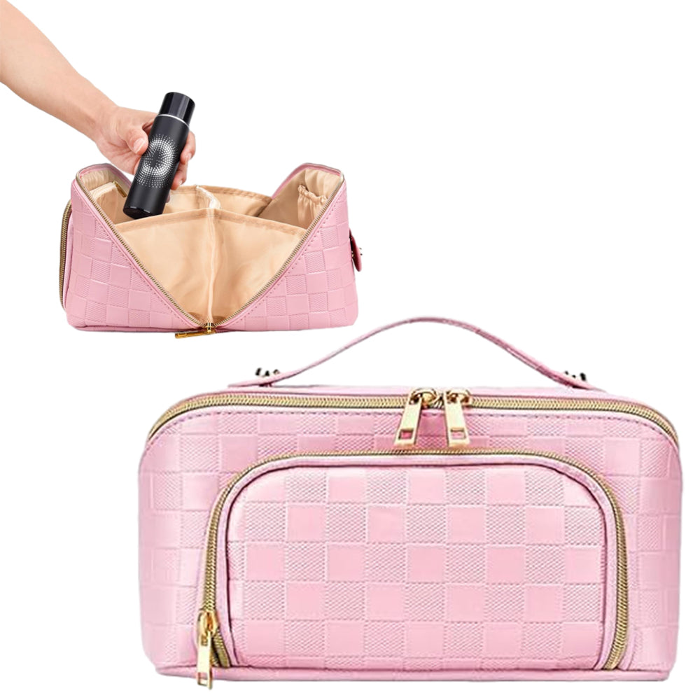 Large Capacity PU Leather Water-Resistant Checkered Cosmetic Bag Travel Makeup Bag